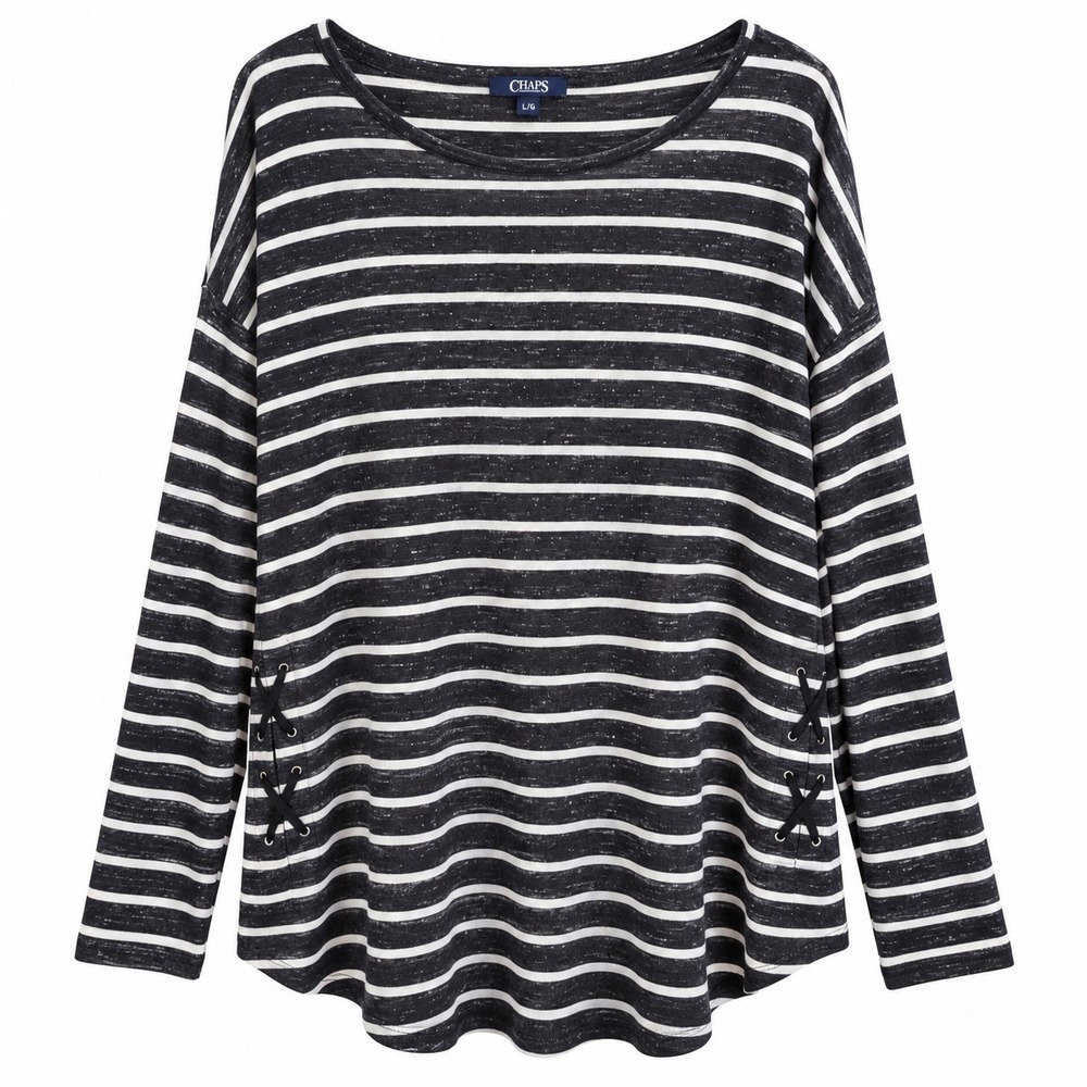 Chaps Striped Thermal Top Womens Large Black White Excellent Lace Up Side Detail